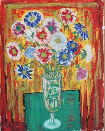 null Roger ARGENTON (1908-1990) Vase de fleurs sur entablement vert Huile sur papier...