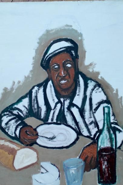 null Roger ARGENTON (1908-1990) Paysan à table Huile sur toile 73x60 cm (petits manques...