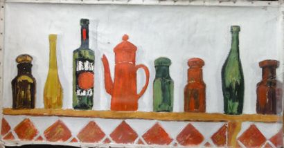 null Roger ARGENTON (1908-1990) Nature morte, bouteilles sur étagère Huile sur toile...