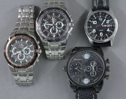 null STUHRLING, OULM, LIP, CASIO Trois montres d'homme et deux bracelets montres...