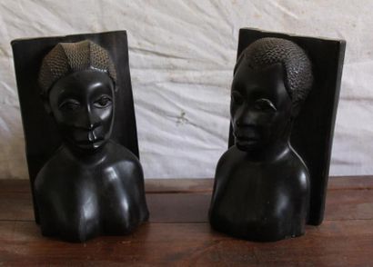 null Paire de serre-livres en bois naturel en forme de buste de femme africaine H...