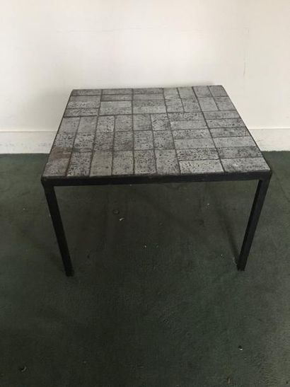 null Table basse carrée en fer forgé à plateau de plaques rectangulaires en céramique...