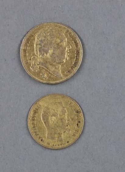 null Une pièce de 20 FF en or Louis XVIII tête nue 1822, pds : 6,40 g. Une pièce...