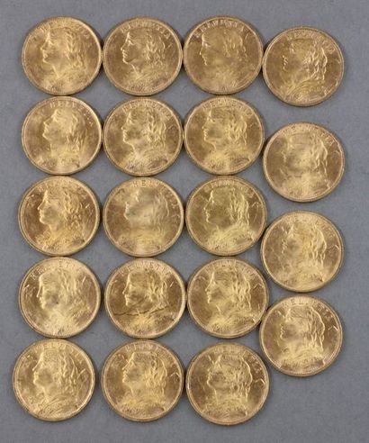 null 19 pièces de 20 F Suisse en or