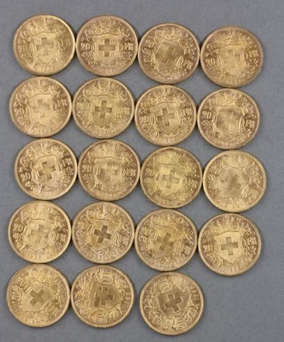 null 19 pièces de 20 F Suisse en or
