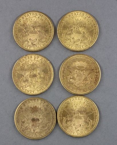 null 6 pièces de 20 dollars en or Liberty Head 1857, 1881, 1892, 1893, 1904(2)