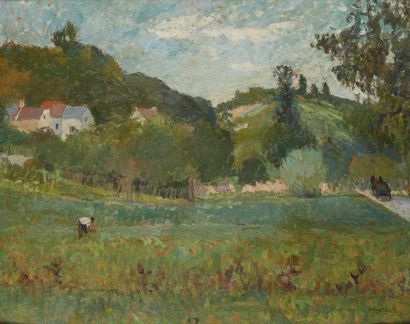 null Louis Gaston PAYRET-DORTAIL Paysage animée Huile sur carton signée en bas à...