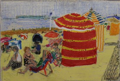 null *									
Henri REITER (né en 1938)
			Les tentes sur la plage

			Gouache.

			Signée...