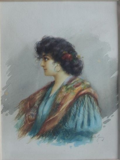 null Umberto ZINI (1878-1964) Portrait d'une italienne de profil Aquarelle signée...