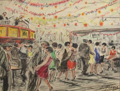 null Edouard FEBVRE (1885-1967) Le bal populaire Fusain, crayon gras, aquarelle signé...