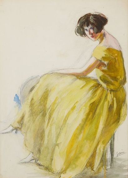null Marguerite GRAIN (1899-1986) Jeune femme assise à la robe jaune Encre noire...