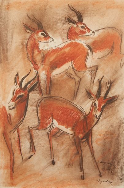 null Milivoy UZELAC (1897-1977) Les antilopes Fusain et crayon gras signé en bas...