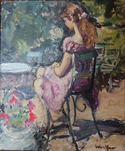 null Marius WOULFART (1905-1991) Jeune fille assise dans le jardin Huile sur toile...