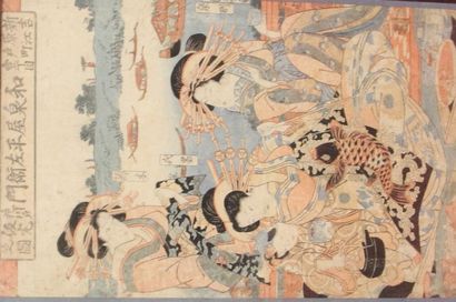 null Deux estampes oban tate-e, l'une par Kuniyoshi, représentant des courtisanes...