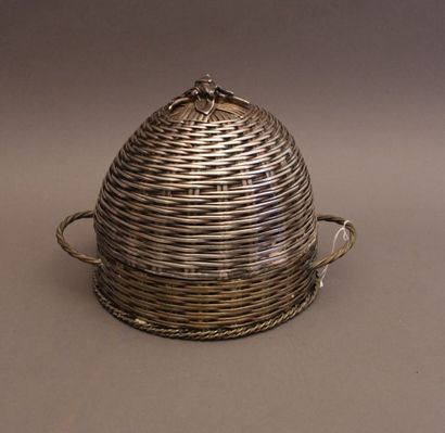 null Pot couvert en forme de ruche à deux anses en métal argenté tressé, prise en...