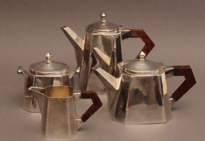 null Service thé-café en métal argenté à pans coupés, anses en placage de ronce
