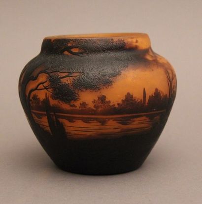 null Muller FRERES LUNEVILLE Petit vase de forme pansu à décor dégagé à l'acide brun...