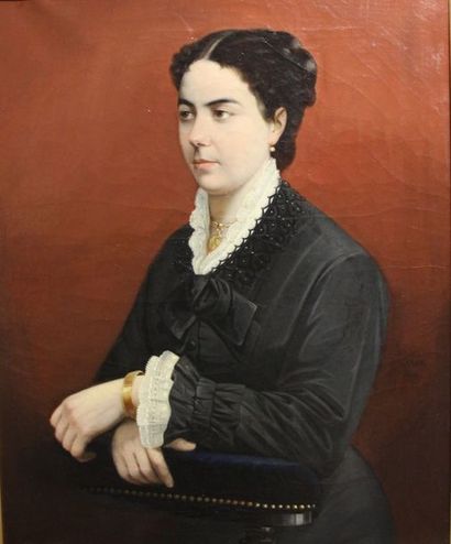 null L.Sage (actif en 1880) Portrait de femme en robe noire Huile sur toile signée...