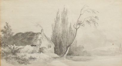 null Ecole du XIXème s. Chaumière au bord d'un lac Lavis d'encre 18,5 x 32,5 cm....