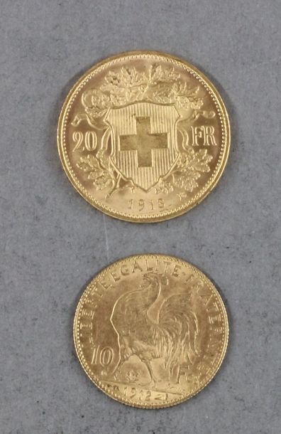 null *Une pièce de 20 F Suisse en or 1913 et une pièce de 10 FF en or 1912