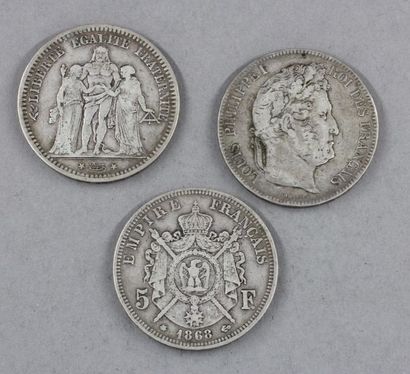 null Trois pièces de 5 FF en argent 1832, 1868, 1873
