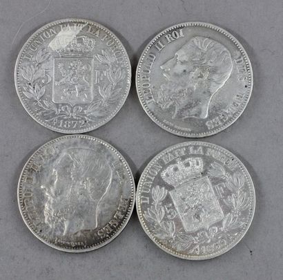 null Quatre pièces de 5 F belge ena rgent 1869,1870, 1872