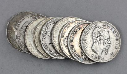 null Huit pièces de 5 FF en argent Louis Philippe, Napoléon III, Hercule On y joint...