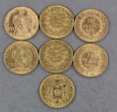 null *Sept pièces de 20 FF en or 1853,1858,1868,1895,1897,1901,1914
