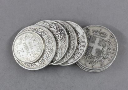 null Quatre pièces de 5 Lire en argent 1871,1873,1876,1879 Trois pièces de 20 F belge...