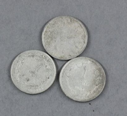 null Trois pièces de 1 F Belge (deux néerlandaises) en argent 1912,1913