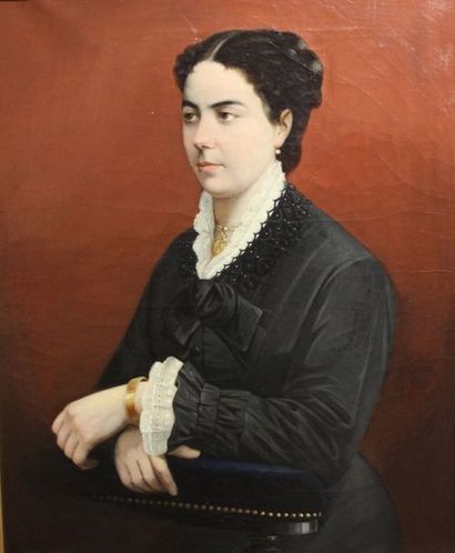 null L.Sage (actif en 1880) Portrait de femme en robe noire Huile sur toile signée...