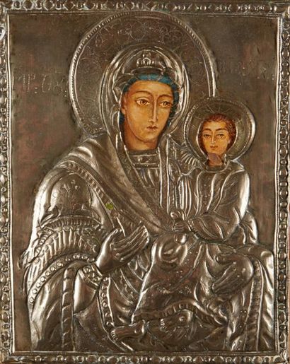 null La Vierge Hodighitria Icône d’origine grecque, d’époque du 20eme s. Recouverte...
