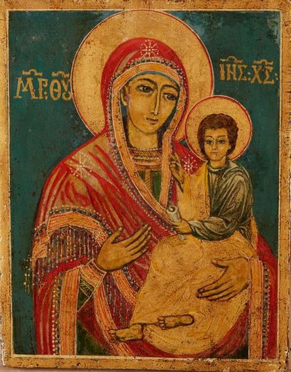 null La Vierge Hodighitria Icône d’origine grecque, d’époque du 20eme s. 14,5x18,5...