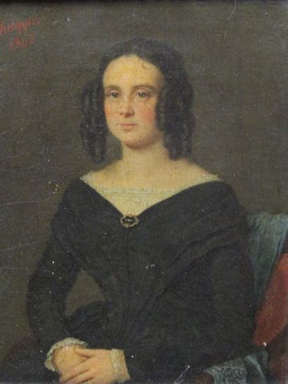 null Ecole du XIXème s. Portrait d'une jeune fille à la robe noire Huile sur toile...