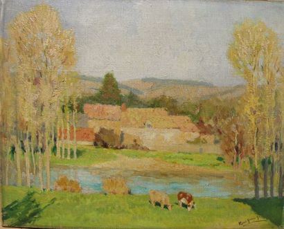 null GAUTIER René Georges(1887-1969) Vaches dans un pré le long d'une rivière Huile...