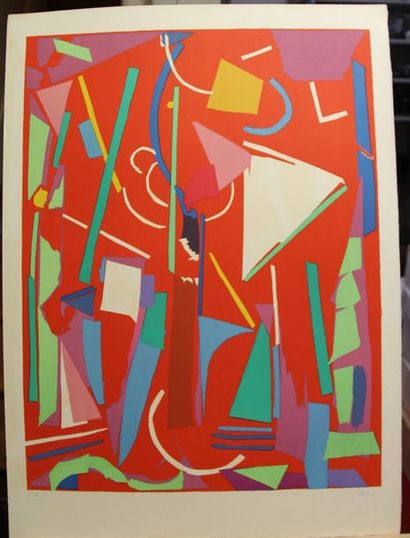 null LANSKOY André (1902-1976) Grand collage rouge vertical Lithographie signée et...