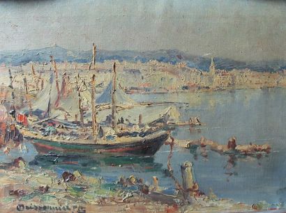 null MEISSONNIER Joseph (1864-1943) Port de pêche Huile sur toile signée en bas à...