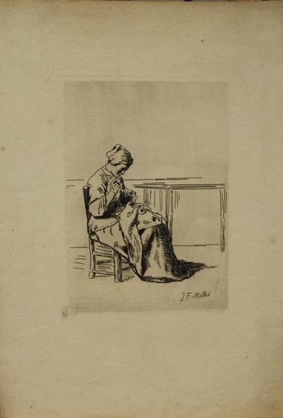 null MILLET Jean François (1814-1875) Couturière Gravure 52 x 36,5 cm. (pliures)