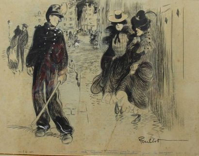 null POULBOT Francisque (1879-1946) Le major abordé dans la rue Encre noire et crayons...