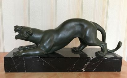 null ROCHARD Irénée (1906-1984) Panthère Sculpture en bronze à patine verte, socle...