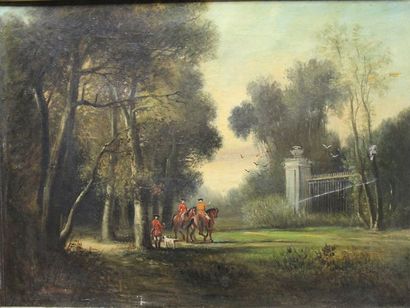 null THOMASSE Adolphe (1850-1930) Chasseurs devant un portail Huile sur toile signée...