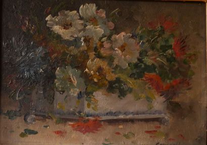 null VAN COPPENOLLE Edmond (1846-1914) Fleurs dans une jardinière en faïence Huile...