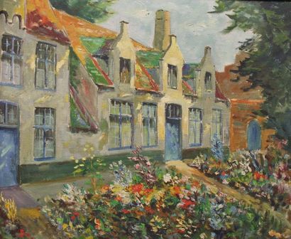 null VERBRUGHE Charles Henri (1877-1974) Jardin fleuri à Bruges Huile sur toile signée...