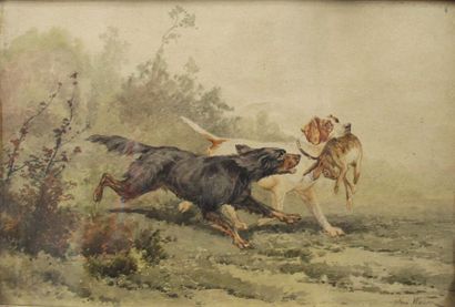 null WEBER Alfred (1859-1931) Deux chiens de chasse ayant attrapé un lièvre Aquarelle...