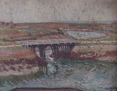 null WIDHOPFF Daniel Osipovitch (1867-1933) Pont sur une rivière Huile sur toile...