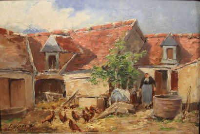 null WUHRER Louis Charles (XIX-XXème s.) Cour de ferme avec poules Huile sur panneau...