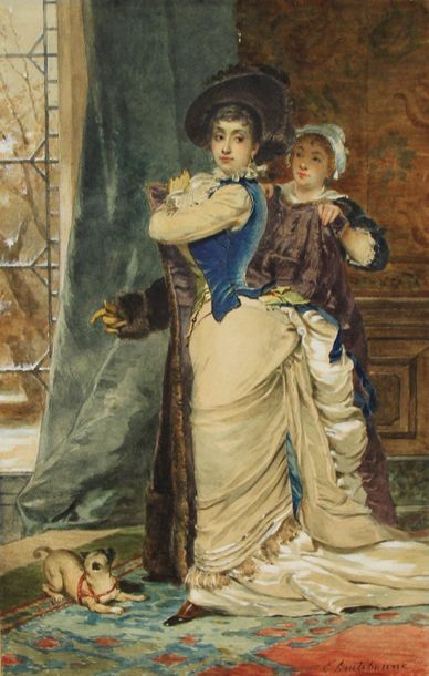 null BOUTIBONNE Charles -Edouard (1816-1897) Femme à la pelisse, Aquarelle signée...