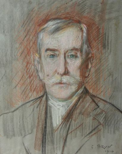 null BRUN C. Portrait d'homme Crayon gras signé et daté 1914 50 x 40 cm.