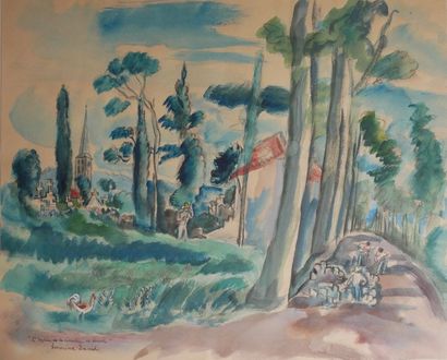 null DAVID Hermine (1886-1970) Sous bois et ferme Deux aquarelles signées 30 x 33...
