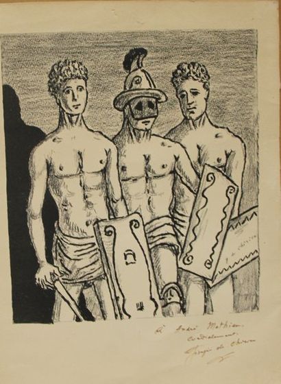 null De CHIRICO Giorgio (1888-1978) Trois gladiateurs Lithographie noire et blanc...